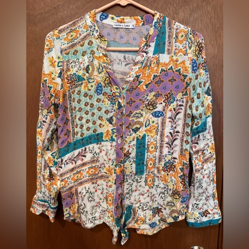 Anthropologie Figueroa & Flower PS Ladies Blouse‎ Colorful Patchwork Bottom Tie